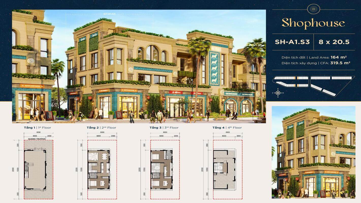 Thiết kế căn góc shophouse Babylon mẫu S3 diện tích 8x20,5m