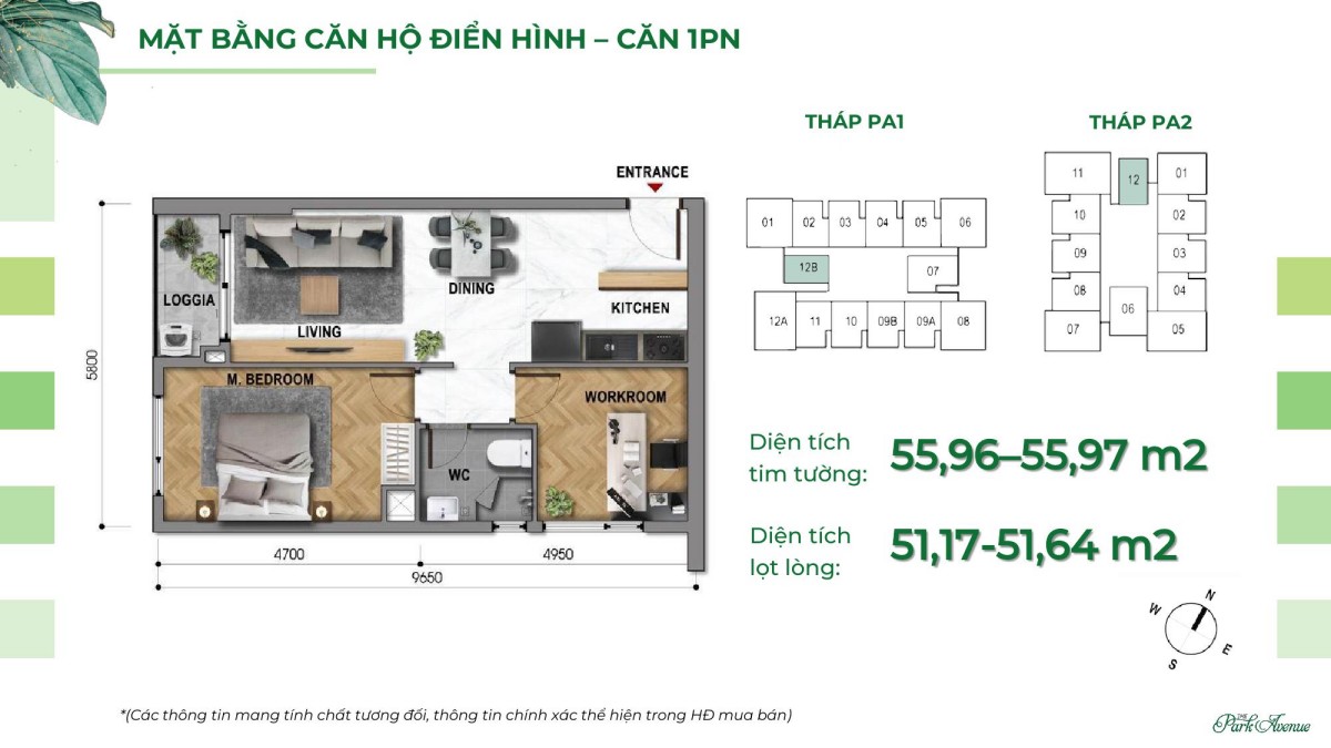 Layout The Park Avenue Căn hộ 01 PN 1 WC: diện tích từ 55m2