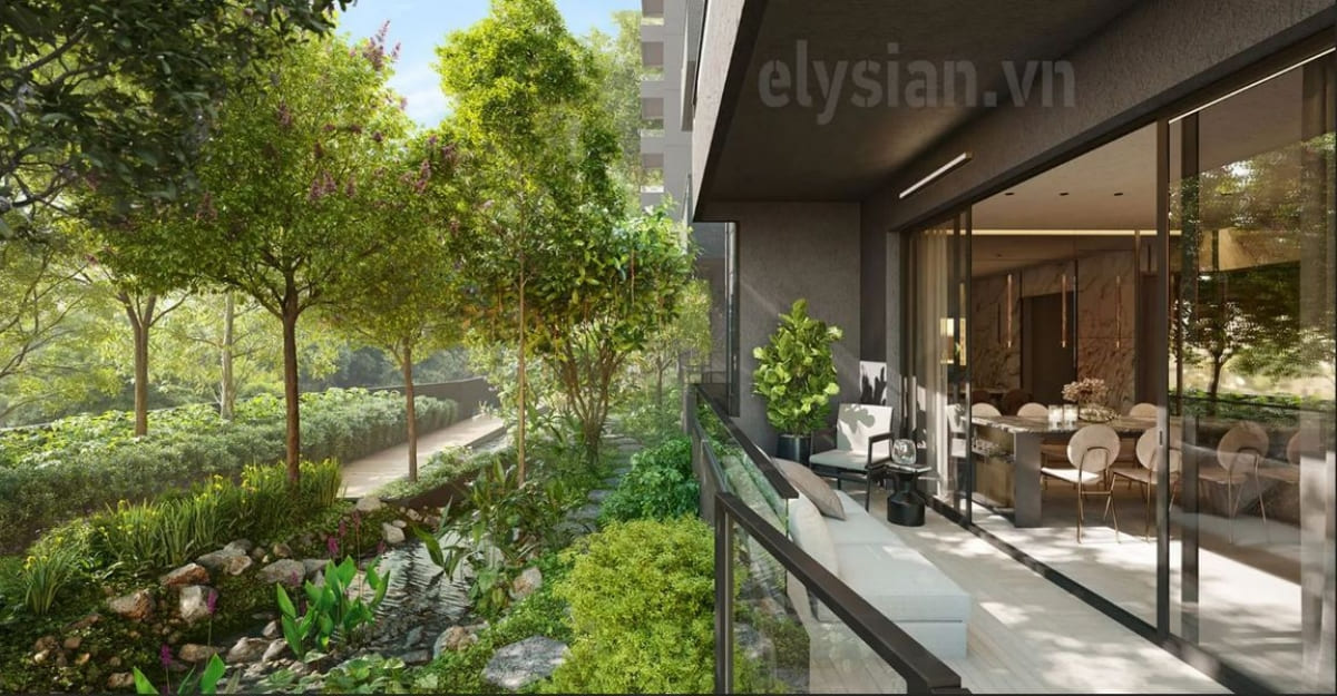 Ấn tượng đầu tiên của dự án Elysian được thể hiện bằng việc áp dụng thiết kế Biophilic – mang không gian ngoài trời vào trong nhà ở và kết nối thiên nhiên với các công trình xây dựng.