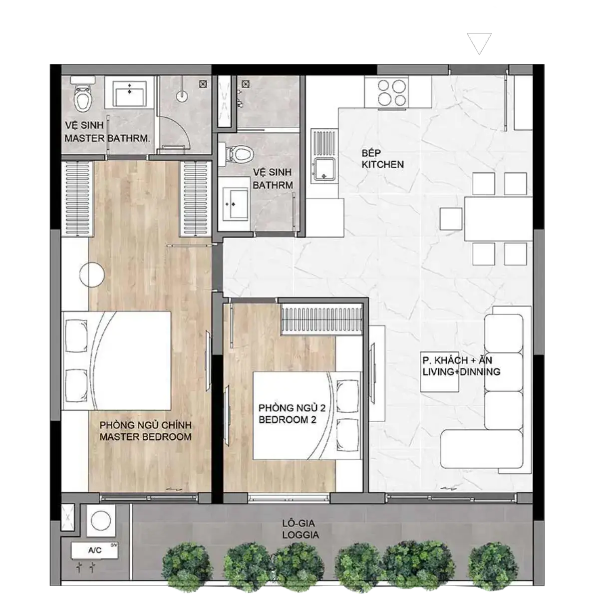 Thiết kế Layout mặt bằng căn hộ Elysian - Loại 2PN B1B - diện tích 77m2