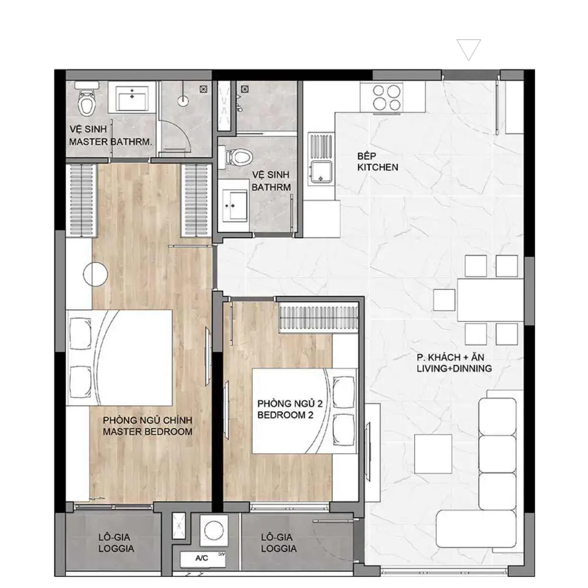 Thiết kế Layout mặt bằng căn hộ Elysian - Loại 2PN B1C - diện tích 77m2