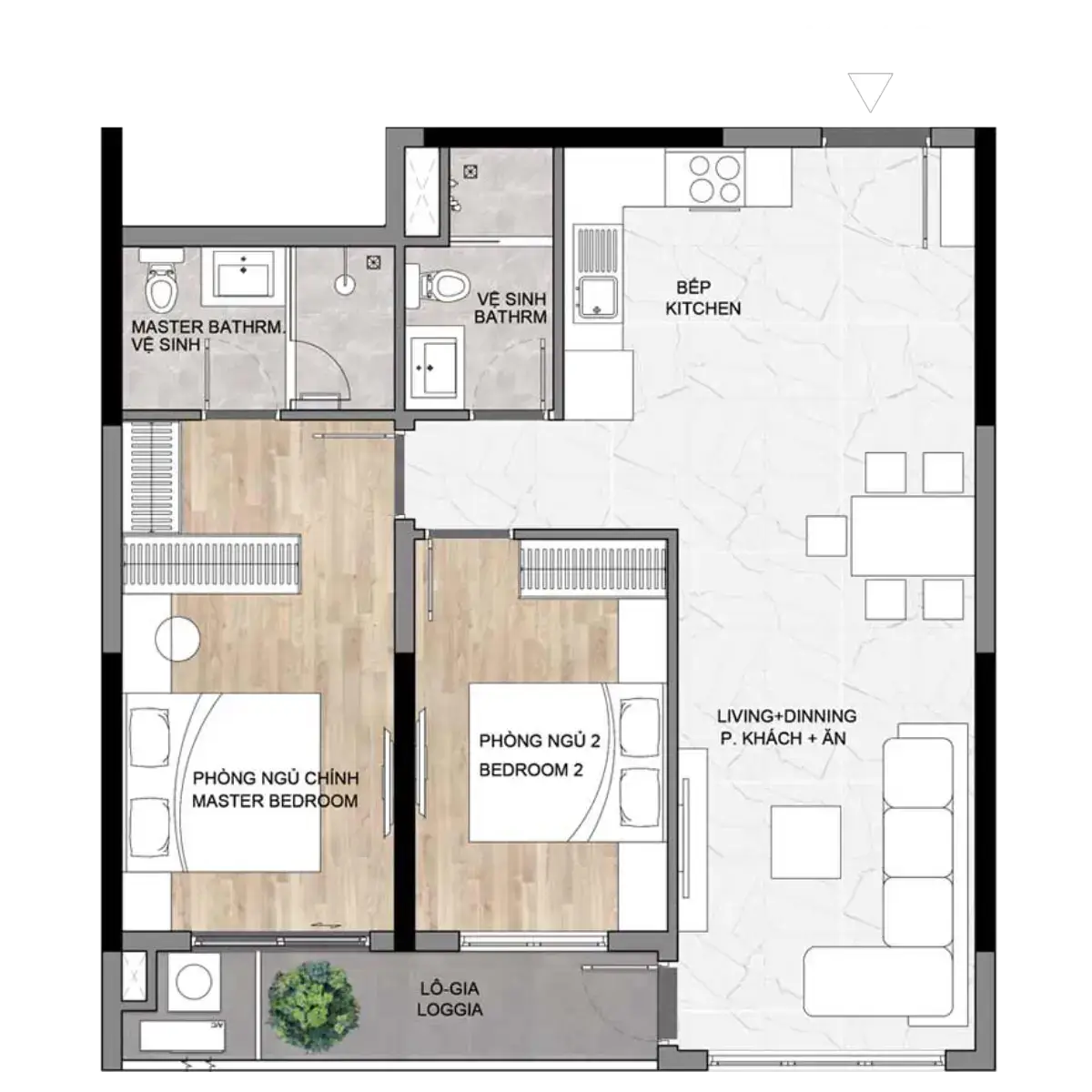 Thiết kế Layout mặt bằng căn hộ Elysian - Loại 2PN B1D - diện tích 74m2