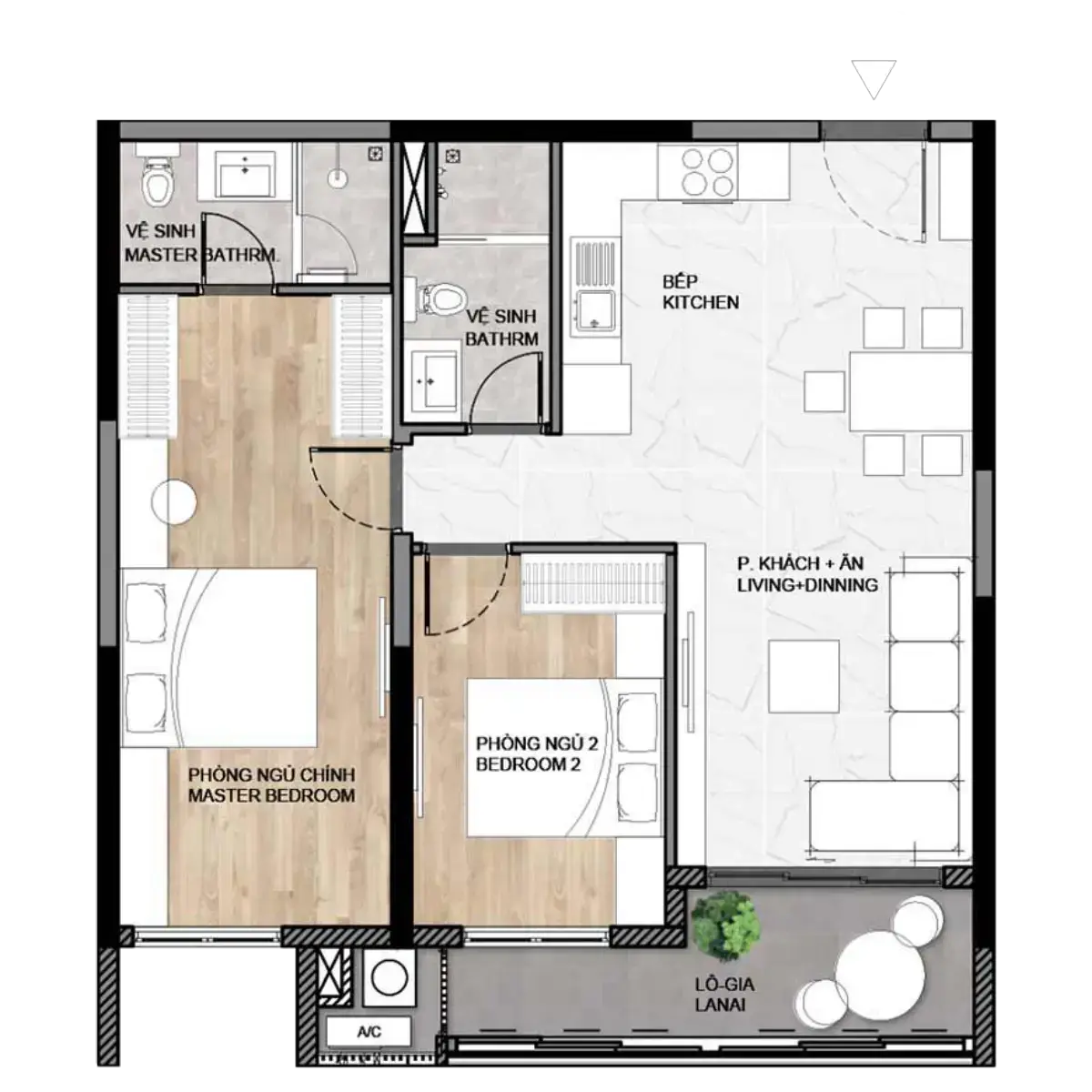 Thiết kế Layout căn hộ 2PN B1L - dự án Elysian - diện tích 74m2
