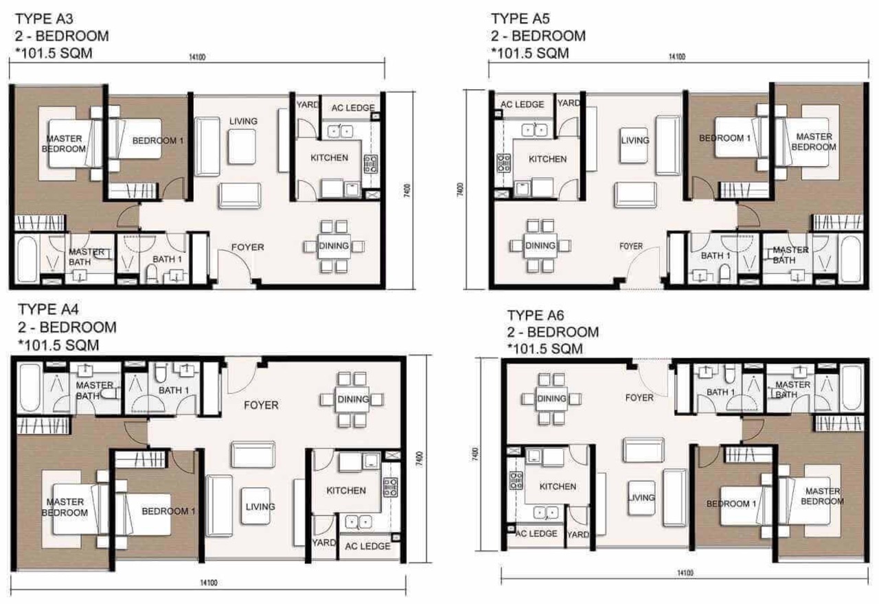 Diện tích căn 2 phòng ngủ: 101.3m², view sông, view hồ bơi, view Xa lộ Hà Nội