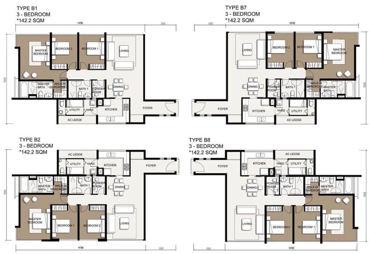 Diện tích căn 3 phòng ngủ: 135 – 142.2m², view nội khu, view sông, view Xa lộ hà Nội
